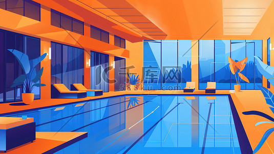 酒店简介插画图片_酒店的泳池派对橙色和蓝色插画设计