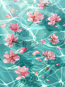 飘浮红绸布插画图片_水上飘浮粉红色的花朵素材