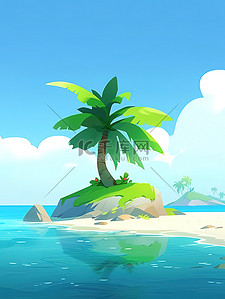 海景房公寓豪宅插画图片_孤岛上的椰子树夏天海景矢量插画