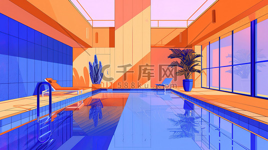 陶瓷酒店用品插画图片_酒店的泳池派对橙色和蓝色插画素材
