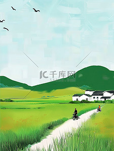 端午简约绿色插画图片_绿色的稻田田野上骑行插画素材