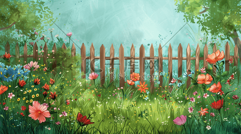 彩色唯美清新围栏里花草花丛的插画