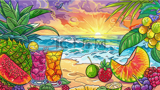 彩色唯美手绘海浪沙滩水果食物的插画