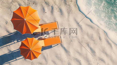 沙滩上的橙色躺椅太阳伞插图
