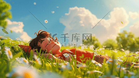 蓝天白云阳光下唯美女孩躺在草坪插画