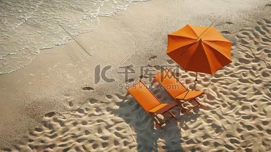 沙滩上的橙色躺椅太阳伞插画素材