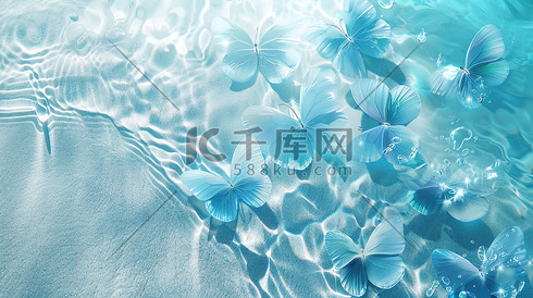 水边蓝色透明蝴蝶插画素材
