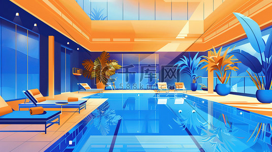 蓝色酒店插画图片_酒店的泳池派对橙色和蓝色插画设计