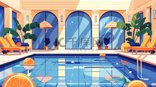 蓝色酒店插画图片_酒店的泳池派对橙色和蓝色素材