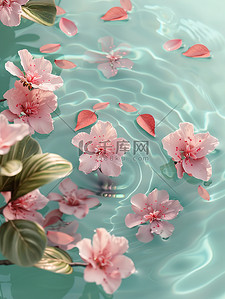 水上飘浮粉红色的花朵插画海报