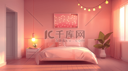 卧室绿插画图片_唯美时尚现代室内卧室床品的插画