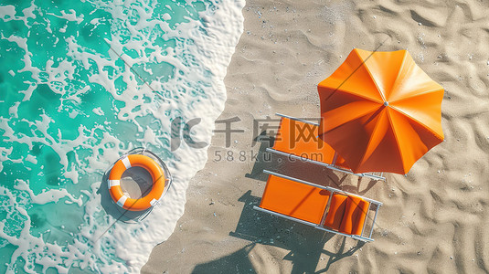 沙滩上的橙色躺椅太阳伞插画海报