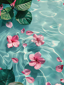 粉红色的插画图片_水上飘浮粉红色的花朵插画素材
