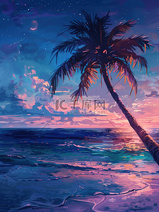 动漫展板插画图片_椰子树海景动漫风格素材