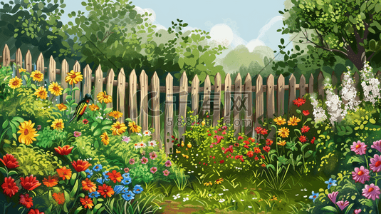 彩色唯美清新围栏里花草花丛的插画