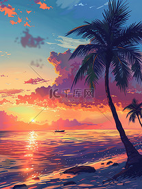 椰子树海景动漫风格图片