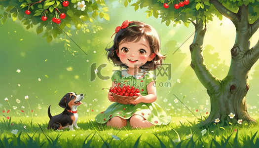 春天摘樱桃的小女孩插画素材