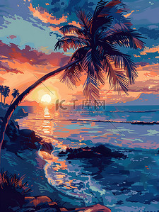 椰子树海景动漫风格原创插画