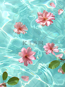 粉红色的插画图片_水上飘浮粉红色的花朵素材
