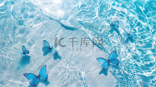 透明标签边框插画图片_水边蓝色透明蝴蝶图片