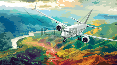 彩色手绘风景天空飞机飞翔的插画