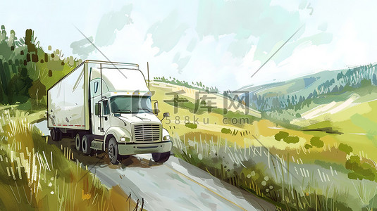 卡车卸货插画图片_一辆卡车行驶在道路上插图