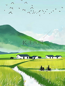 毛笔设计字体插画图片_绿色的稻田田野上骑行插画设计