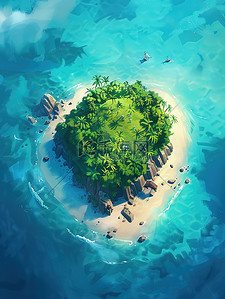 鸟瞰图大海上的孤岛插画设计