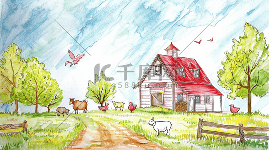 农场动物插画图片_手绘绘画田园房屋农场动物牲畜的插画