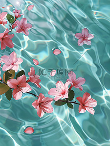 水上飘浮粉红色的花朵插画素材