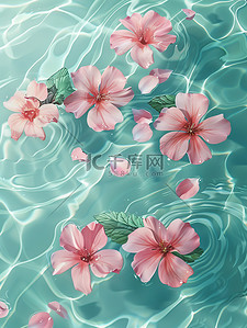 水上飘浮粉红色的花朵插画设计