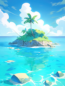 海景房公寓豪宅插画图片_孤岛上的椰子树夏天海景插画