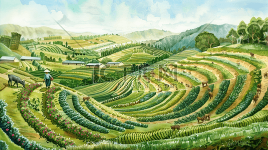 农场有动物的插画图片_绿色手绘绘画梯田风景动物的插画