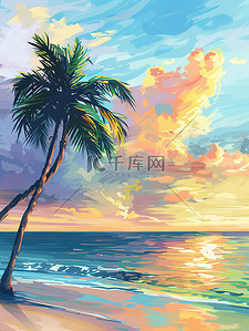 海景房公寓豪宅插画图片_椰子树海景动漫风格矢量插画