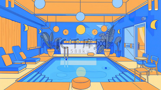 陶瓷酒店用品插画图片_酒店的泳池派对橙色和蓝色原创插画