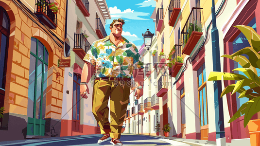 高大上的插画图片_山城街道上行走的胖子插画