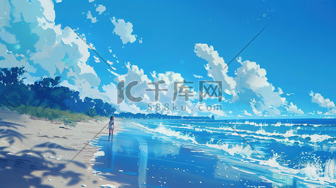 动漫海滩大海夏天风光插画海报