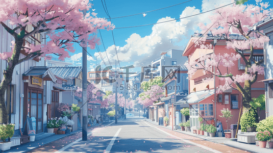 商业街插画图片_樱花盛开的日本城市街道插画