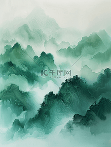 山手绘风景插画图片_绿色梦幻朦胧山色山景风景的插画