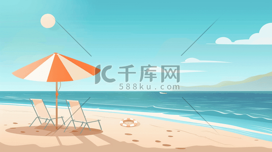 海平面插画图片_夏日海边沙滩上的躺椅和遮阳伞插画