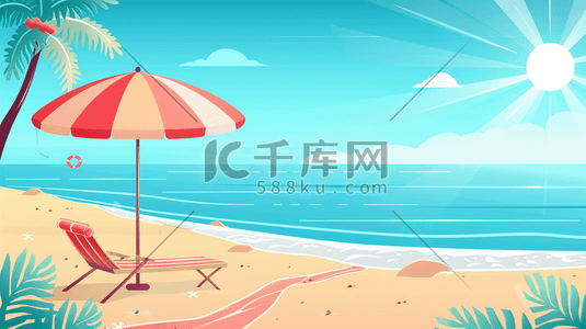 海边椰子树沙滩插画图片_夏日海边沙滩上的躺椅和遮阳伞插画