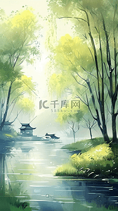 数字设计插画图片_初春的清晨阳光透过薄雾洒在嫩绿的柳枝上插画设计