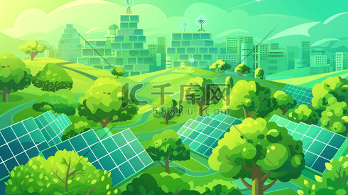 郊野里新能源工厂的太阳能板插画