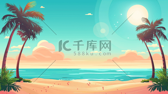 椰树夏日插画图片_夏日海边沙滩上的躺椅和遮阳伞插画