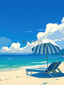 蓝色度假插画图片_蓝色海洋的海滩休闲度假插画海报
