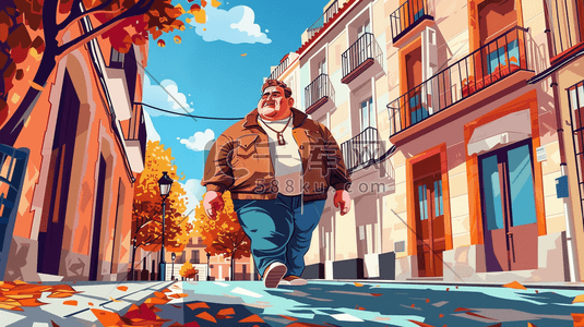 意大利插画图片_山城街道上行走的胖子插画