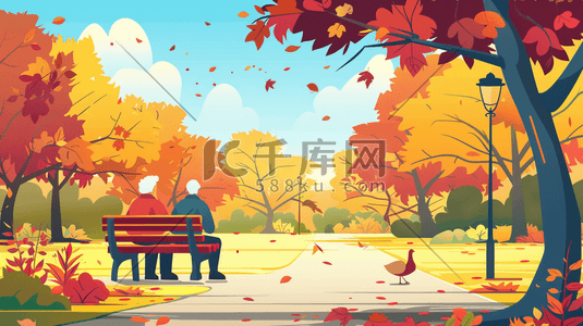 公园长椅插画图片_彩色扁平化户外公园长椅上坐着老人的插画
