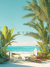 海滩椰子树和长椅插画素材
