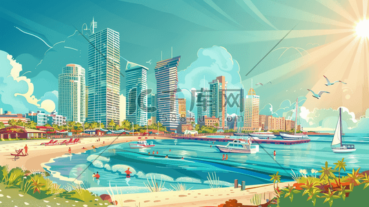 东南沿海插画图片_唯美手绘城市沿海建筑沙滩帆船的插画