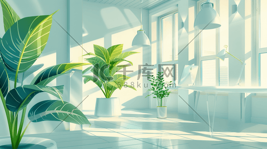 简约唯美室内阳光照射前台绿植的插画